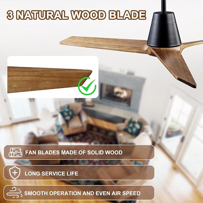 52'' Solid Wood 3 Blades Ceiling Fan RGB Light DC Reversible Remote Control | 20-year sycamore wood blades, reversible dc motor, 6-speed timer remote, dimmable rgb light with memory, bedroom living room