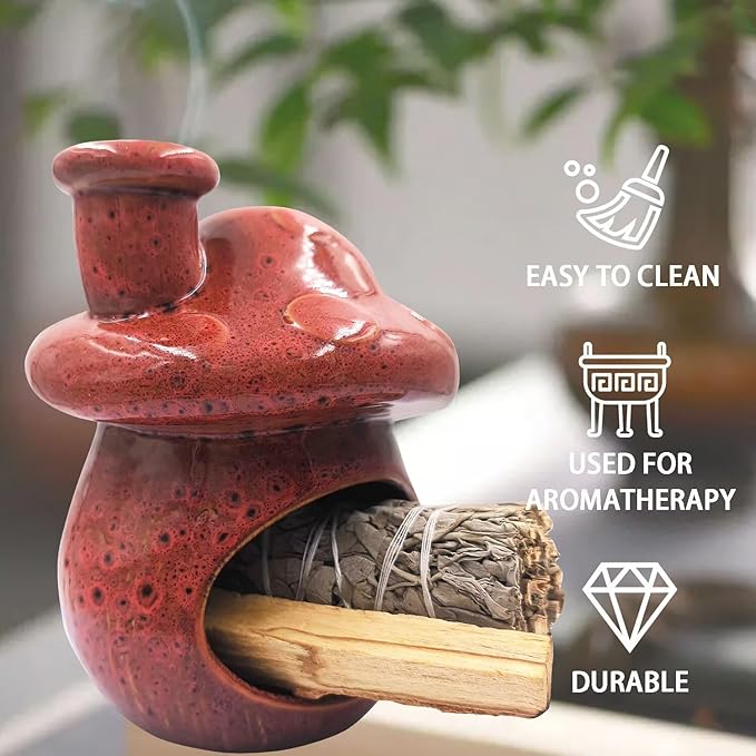 Palo Santo Holder and Sage Burner,Ceramic Mushroom Incense Cone Burner,Mini Chiminea Sage Ash Catcher, Smudge Bowl for Yoga Meditation Home Decor,Speckled Red