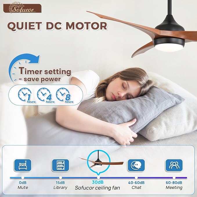 Sofucor 52 Inch Ceiling Fan with Light, Outdoor Farmhouse Ceiling Fan with Lights Remote Control Airflow 6000CFM 3 CCT Dimmable 3-Timer ABS 3 Blades Reversible DC Motor for Living Room Bedroom Patio