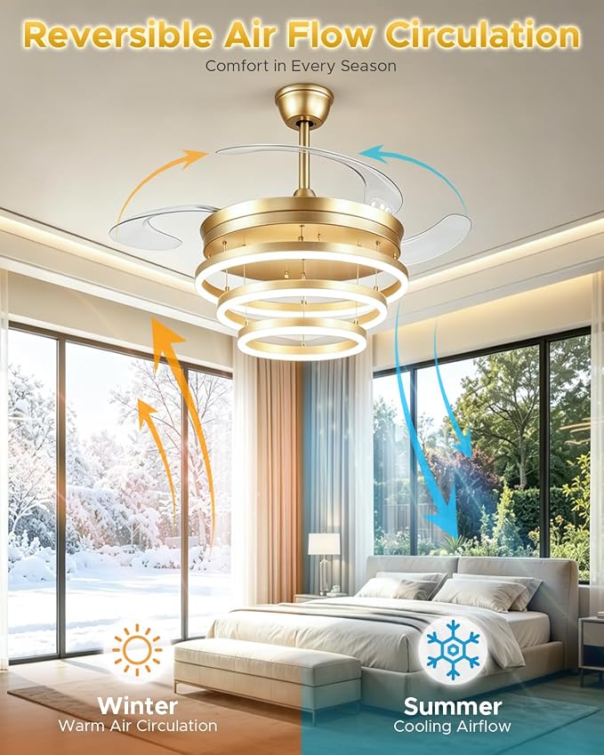 48 Inch Retractable Ceiling Fan with Lights, Gold Fandelier Chandelier Fan with Remote, 6-Speed Silent DC Motor, 3000K-6500K Dimmable LED Light, Modern Ceiling Fan for Bedroom Living Room Dining Room