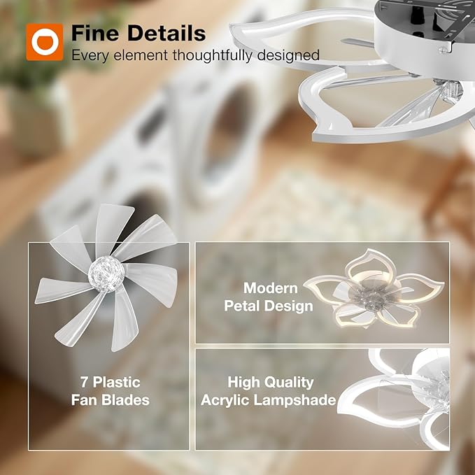addlon Ceiling Fans with Lights and Remote, 27'' Low Profile Flush Mount Ceiling Fan, 3000–6000K Dimmable LED Fandelier, Flower Fan Light for Bedroom, Kitchen, Living Room, White