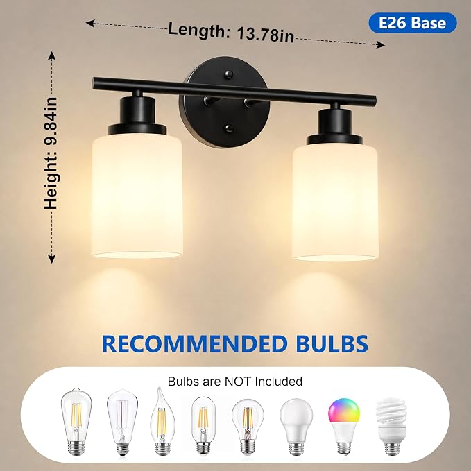 Unicozin 2 Light Bathroom Light Fixtures, Modern Vanity Lights with Milky Glass Shade, Black Wall Lamp Over Mirror for Bathroom, Living Room, Cabinet, Bedroom, E26 Base