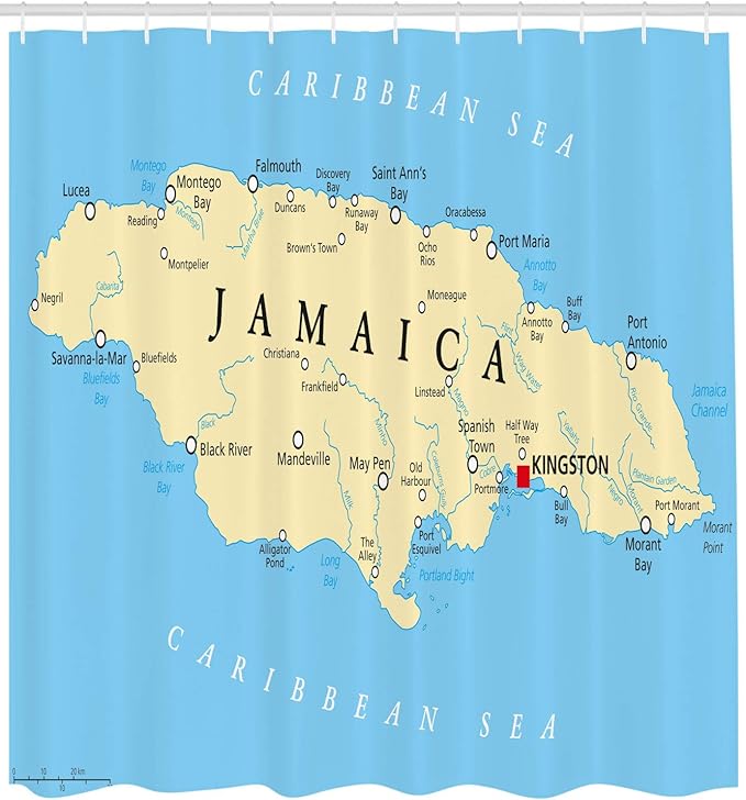 Ambesonne Jamaican Shower Curtain, Map of Jamaica Kingston Caribbean Sea Important Locations in Country, Cloth Fabric Bathroom Decor Set with Hooks, 69" W x 70" L, Pale Blue Beige Black