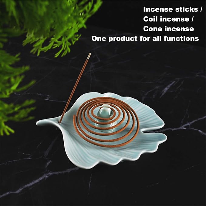 Ceramic Incense Holder,Incense Burner Tray for Sticks,Coil,Cone,Handcrafted Burner Ash Catcher for Yoga Meditation Energy Cleansing Room Décor (Celadon, Ginkgo Leaf & Gourd)