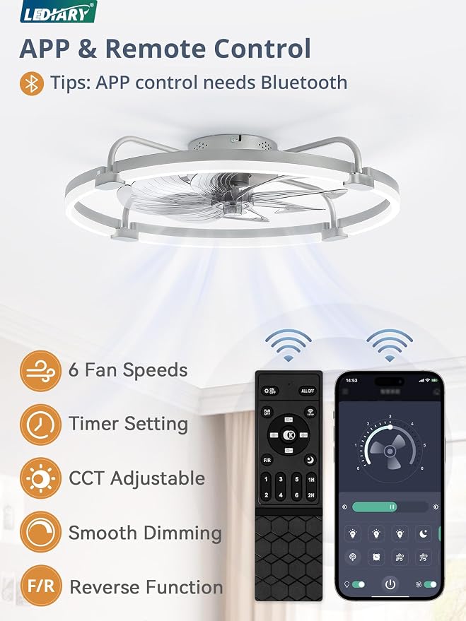 LEDIARY 2 Pack Ceiling Fans with Lights and Remote, 24'' Low Profile Ceiling Fan with Light, 3000-6000K Dimmable Fandelier LED Fan Light, 6 Wind Speeds, Grey Flush Mount Ceiling Fan for Bedroom