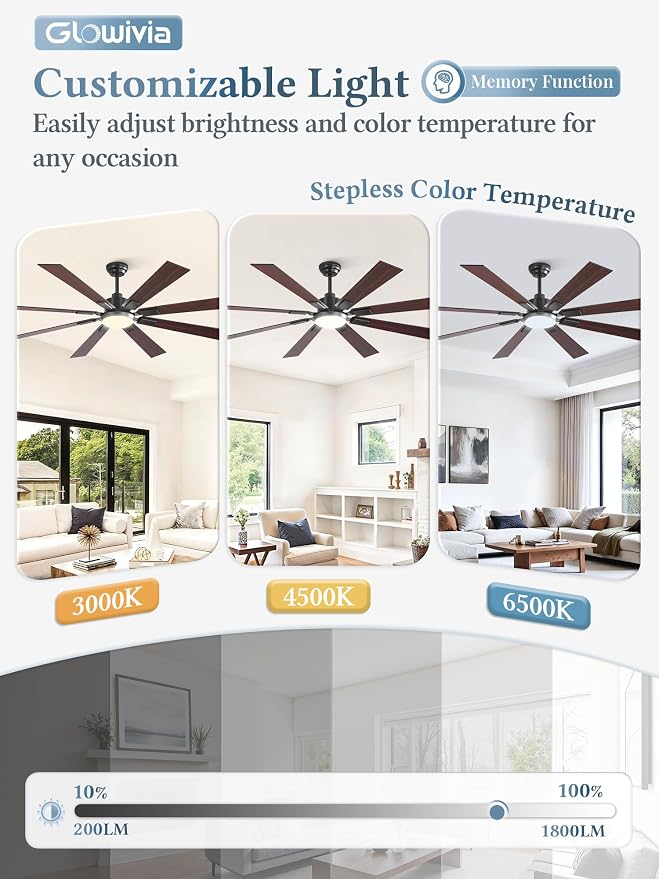 65 Inch Ceiling Fans with Lights and Remote&APP Control, Black Smart Ceiling Fan with 3000-6000K Dimmable, 6 Speeds Quiet Reversible Motor, Indoor/Outdoor Ceiling Fan for Living Room Bedroom