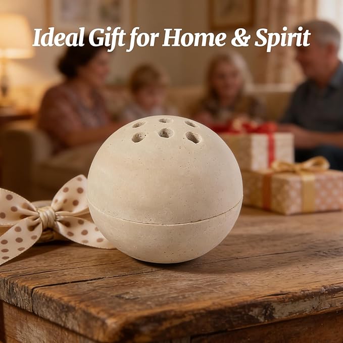 Natural Travertine Incense Burner – 4” Handmade Stone Incense Cone Holder, Minimalist Sphere Incense Burner for Home Decor, Meditation, Yoga, Spa, Relaxation (Beige)