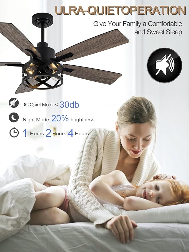 52" Farmhouse Ceiling Fan with Lights and Remote, Rustic Ceiling Fan Black Caged Fandelier Large Industrial Chandelier Light for Bedroom Living Room, Reversible DC Motor 6 Speeds