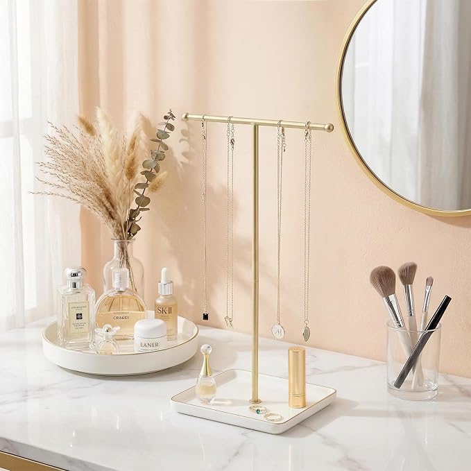 Necklace Holder Stand with Ceramic Tray, 13.78" Tall T Bar Jewelry Organizer for Tangle Free Storage, Gold Necklace Holder for Bracelets Rings, Vanity Dresser Room Decor, Gift for Women Girls