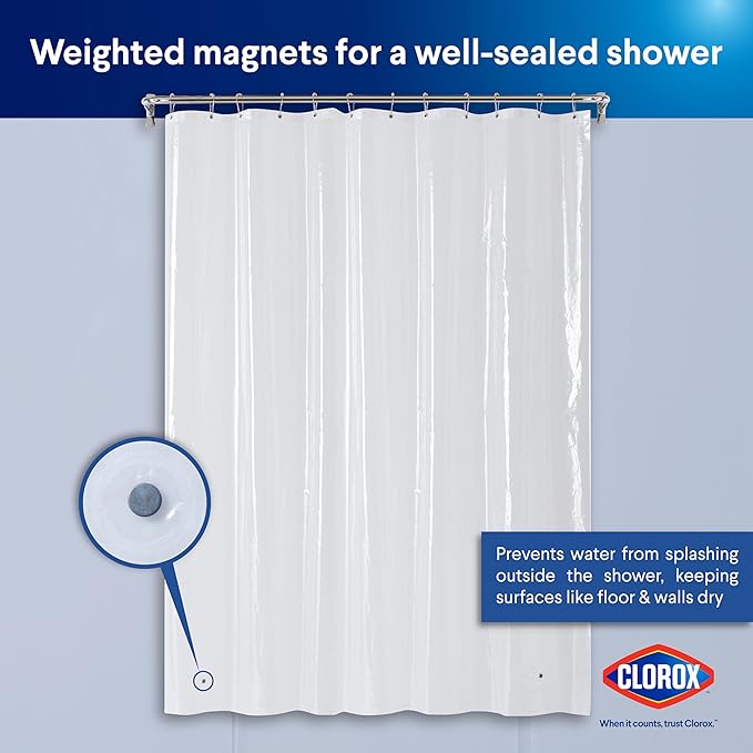 Clorox Shower Curtain Liner, Premium Medium-Weight Durable Waterproof 6g PEVA for Bathroom with Weighted Magnets, Extra Long 72" x 78", Clear 1 Pack
