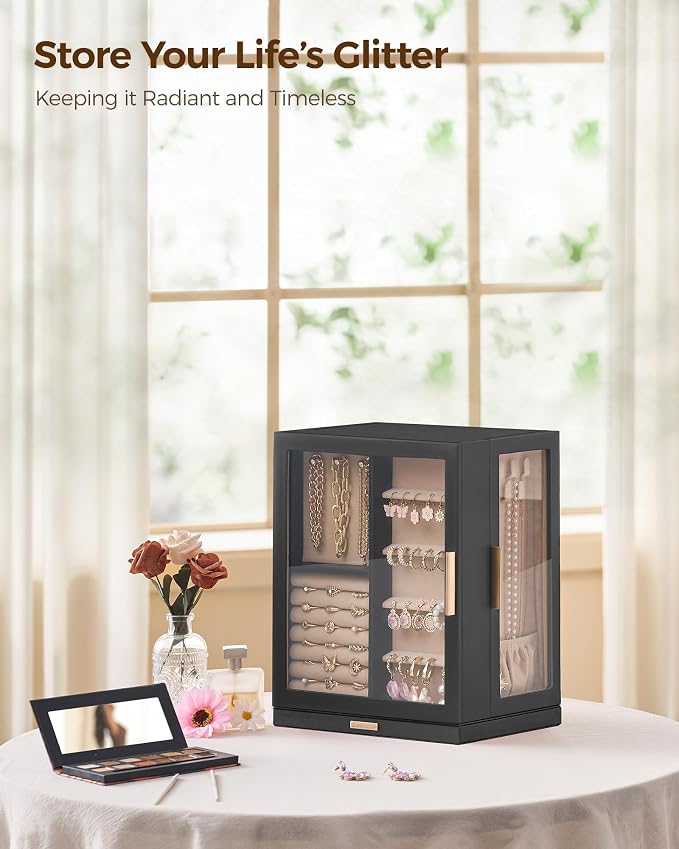 Glimmloop 360° Rotating Jewelry Box with 5 Drawers, Spacious Vertical Jewelry Organizer with Glass Window, Jewelry Storage Case, Dustproof & Moisture-resistant Design, Black
