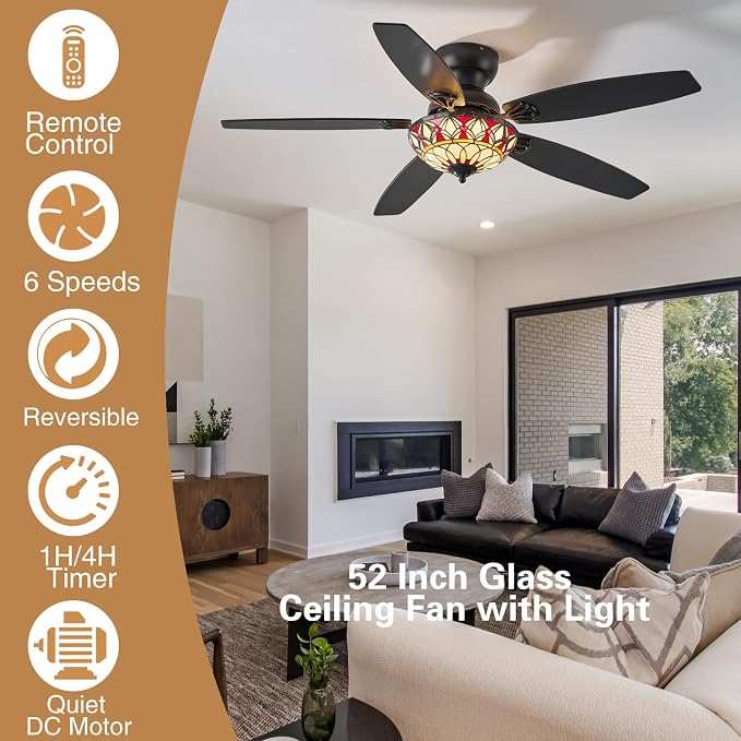 Tiffany Ceiling Fans with Lights - 52" Ceiling Fan Chandelier with 5 Dual-Blades and Glass Shade, 6 Speeds and Reversible, Indoor and Outdoor, Retro Style