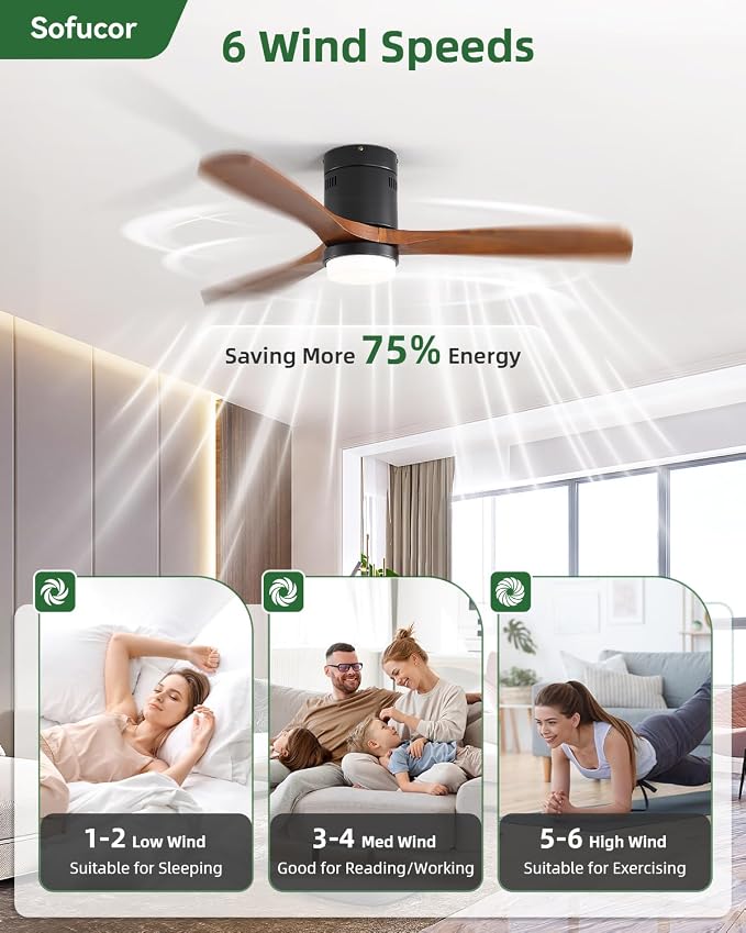 Sofucor 52 Inch Ceiling Fans with Lights and Remote, Low Profile Flush Mount Solid Wood Modern Outdoor Ceiling Fan for Bedroom/Living Room/Patio/Farmhouse, Quiet Reversible DC Motor, Dimmable LED