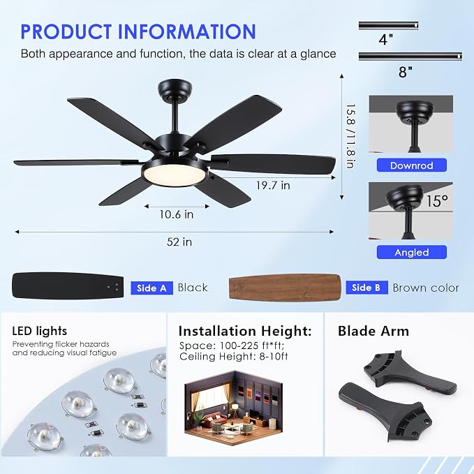 Hounberi 52 Inch Ceiling Fans with Lights and Remote, Modern Black Ceiling Fan with Light, Quiet DC Reversible Motor, 3CCT Dimmable, Modern Indoor Outdoor Ceiling Fan for Bedroom, Living Room
