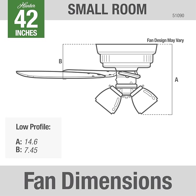 Hunter Builder, Indoor, Ceiling Fan, with LED Lights, 42 inch, Snow White | Low Profile Flush Mount, Pull Chain, 5 Blades, For Bedroom, Living Room, Kitchen, 51090