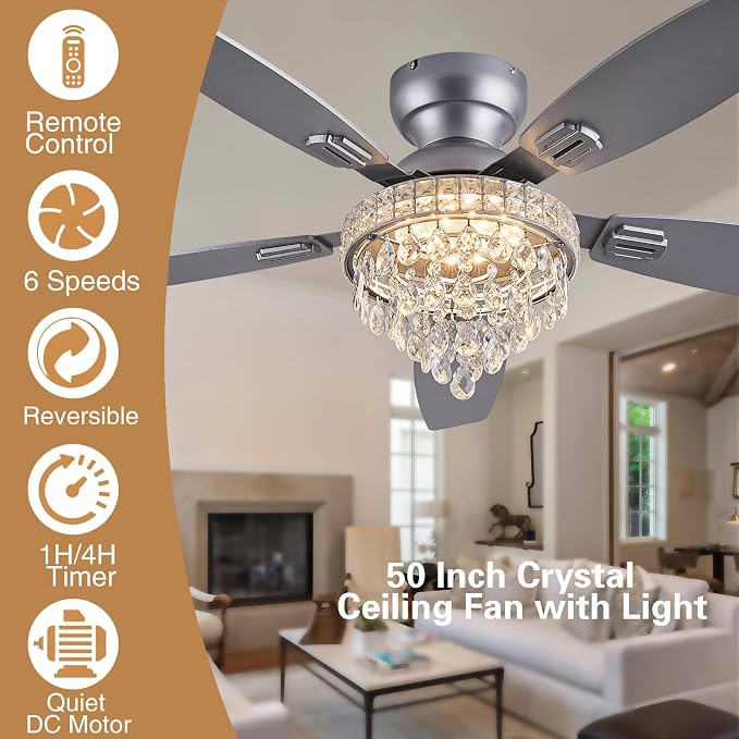 Crystal Ceiling Fan Fandelier with Lights-Ceiling Fans with Lights,50" Low Profile and Remote Control, Flush Mount, Reversible, Dimmable, Noiseless, Sliver Ceiling Fan for Bedroom