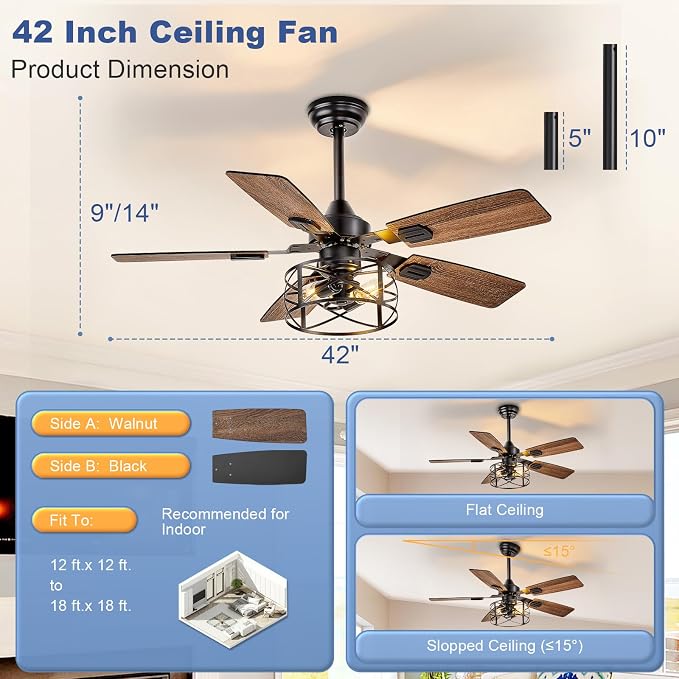 Depuley 42-Inch Ceiling Fans with Lights: Caged Ceiling Fans Dual Finish 5 Blades - Rustic Ceiling Fan with Remote Control for Farmhouse Living Room Outdoor Porch Noiseless (Black Walnut)