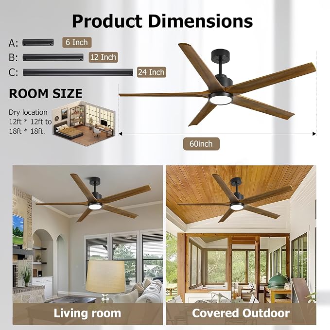 60 Inch Wood Ceiling Fan with Lights, Farmhouse Outdoor Silent Ceiling Fans, Modern High CFM Ceiling Fans, Quiet Reversible DC Motor, 5 Blades 6 Speed for Bedroom Living Room Exterior Patios