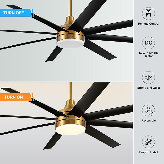 65 Inch Ceiling Fans with Lights and Remote, 8 ABS Blades, Quiet Reversible DC Motor, 6-Speed, Timer, 2 Downrods, 3 Color Led Light, Industrial Ceiling Fans Fandelier for Bedroom Office (Gold & Black)