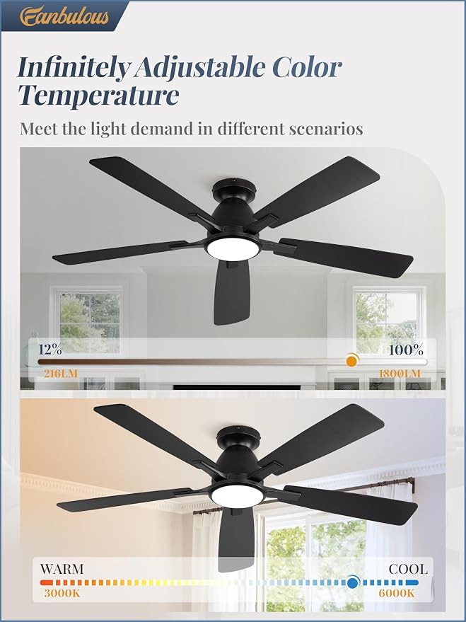 Fanbulous 52 Inch Flush Mount Ceiling Fan with Light, Remote & App, Black | 3CCT 20W LED, 6-Speed Quiet Reversible Motor, Modern Low Profile Flush Mount, Ideal for Bedroom/Living Room/Kitchen.