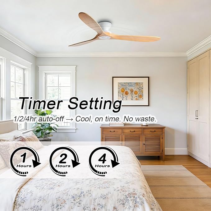 Solid Wood 52in Ceiling Fan Without Lights Flush Mount Ceiling Fans with Remote Control 6 Speeds, Wood Blades Modern Ceiling Fan No Light for Bedroom/Farmhouse/Patio/Indoor