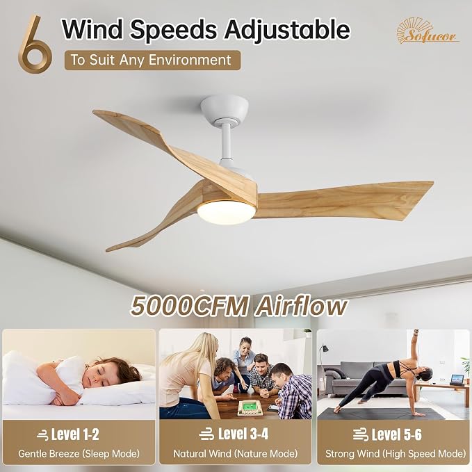 Sofucor 52 Inch Ceiling Fan with Light and Remote - 3 Solid Wood Blades, Quiet DC Motor, 6 Speeds 5000CFM, Dimmable Tri-Color LED with Memory, Timer & Reversible for Living Room, ETL, Nature Wood