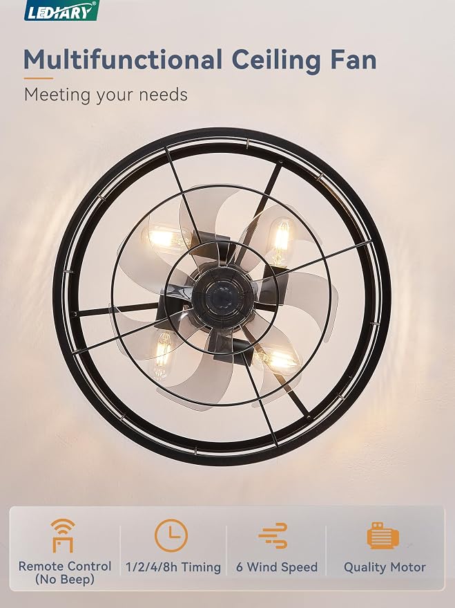 LEDIARY 20 inch Fandelier Caged Ceiling Fan with Light, Bladeless Ceiling Fan with Remote, Farmhouse Fan Ceiling Light Fixtures for Kitchen, Bedroom, Outdoor(6 Speed, Timing)-Black