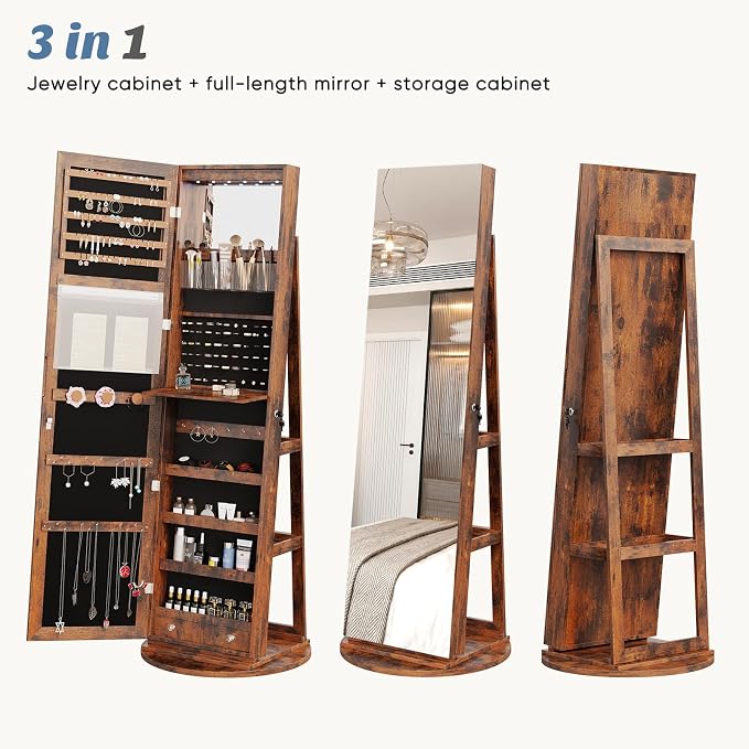 360° Rotating Jewelry Armoire with Full-Length Mirror & LED | Lockable Standing Organizer, Secure Storage For Jewelry, Brown