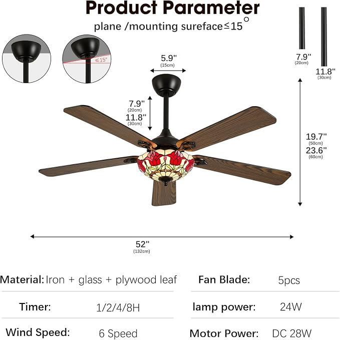 52" Tiffany Style Ceiling Fans with Lights, Vintage Chandelier Ceiling Fan with Stained Glass Shade, Dimmable LED, 6 Speeds Reversible for Bedroom (Red Rose)
