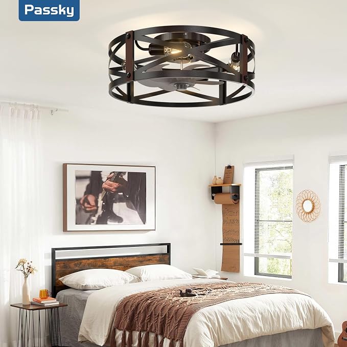 Passky 20" Farmhouse Flush Mount Ceiling Fans with Lights and Remote, Industrial Black Caged Low Profile Fandelier, 6 Speeds Bladeless Ceiling Fan for Bedroom, Kitchen, Living Room