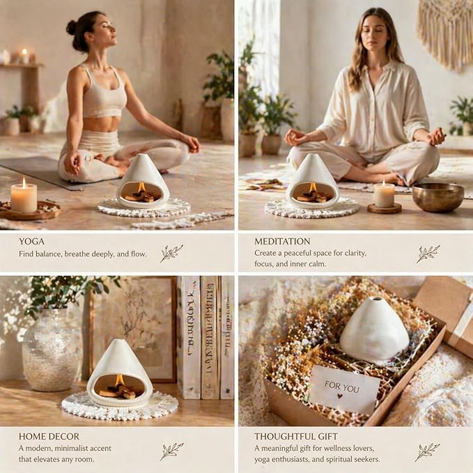 Ceramic Palo Santo Holder Burner,Incense Cone Holder,Mini Chiminea for Palo Santo Sticks and Sage Burner,with Handmade Heat Insulated Mat,Dust Brush,Metal Tweezer. (White)