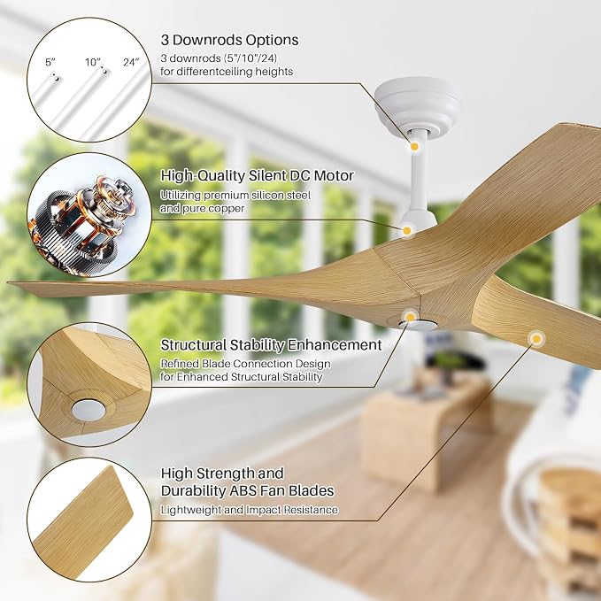 CACI Mall 52 Inch Propeller Ceiling Fan No Light, Remote Control, 6 Speeds Noiseless DC Motor, 3 ABS Blades, Indoor Outdoor Ceiling Fans for Living Room, Bedroom, Patio