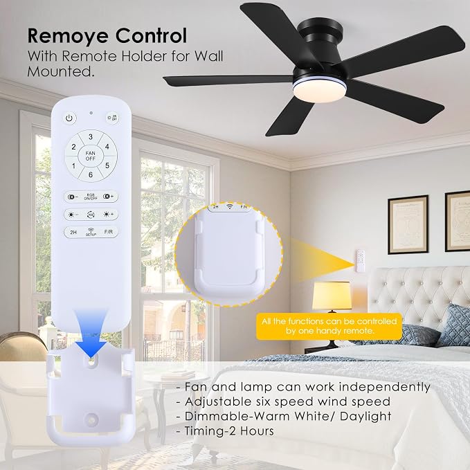 Hounberi 46 Inch Flush Mount Ceiling Fan with RGB Light and Remote, Modern Black Low Profile Ceiling Fan for Low Ceilings, 3CCT Dimmable LED, 6 Speeds Quiet Reversible Motor for Bedroom & Living Room
