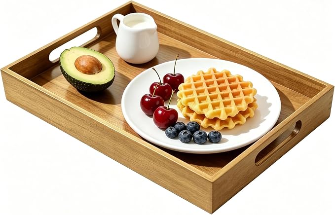 17 x 12 Inch Acacia Wood Large Serving Tray with Handles | Large Wood Tray for Drinks, Food, Ottoman & Breakfast in Bed, Leather Mat Included