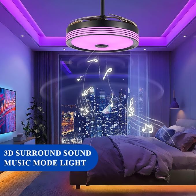 48 inch Modern Retractable Ceiling Fan with Lights and Remote Control, RGB 6Speed Dimmable Fandelier, Smart Ceiling Fan Light with Bluetooth Speaker, Reversible Bedroom