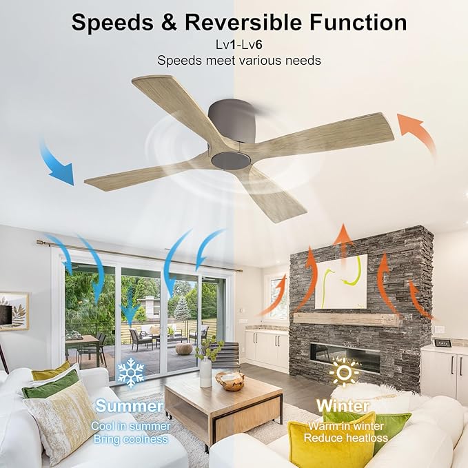 WINGBO 54 Inch Ceiling Fan Without Light, Solid Wood Flush Mount Ceiling Fan with Remote Control, Reversible Quiet DC Motor, 4 Blades,6-Speed, for Bedroom & Living Room, Graphite Finish +Gray Blade