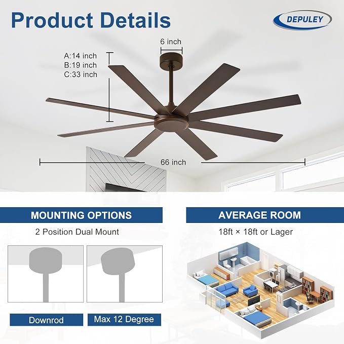 Depuley Large Ceiling Fan without Light: 66 Inch Indoor/Outdoor Fan Reversible DC Motor 6 Speed - Dual 8 Blades Big Ceiling Fans with No Light for Living Room Covered Patio, Brown