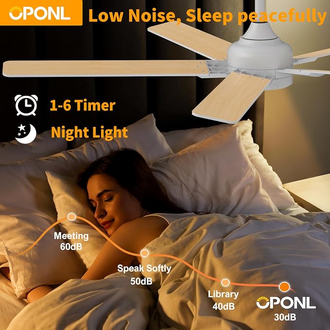OPONL Ceiling Fan with Light, Ceiling fan with Light and Remote Control, Reversible, 6CCT, Dimmable, Noiseless, Ceiling Fan for Bedroom, Indoor/Outdoor Use, White, 52 inch, Modern