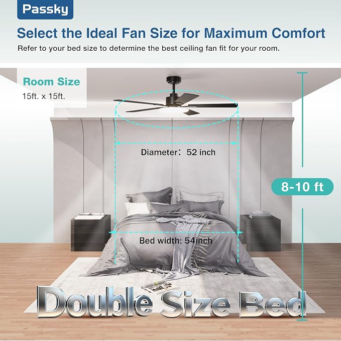 Passky Ceiling Fans with Lights, 52 inch Sleek Ceiling Fan with Light and Remote Control, 3CCT, Dimmable, Reversible, Noiseless, Black Ceiling Fan for Bedroom, Living Room