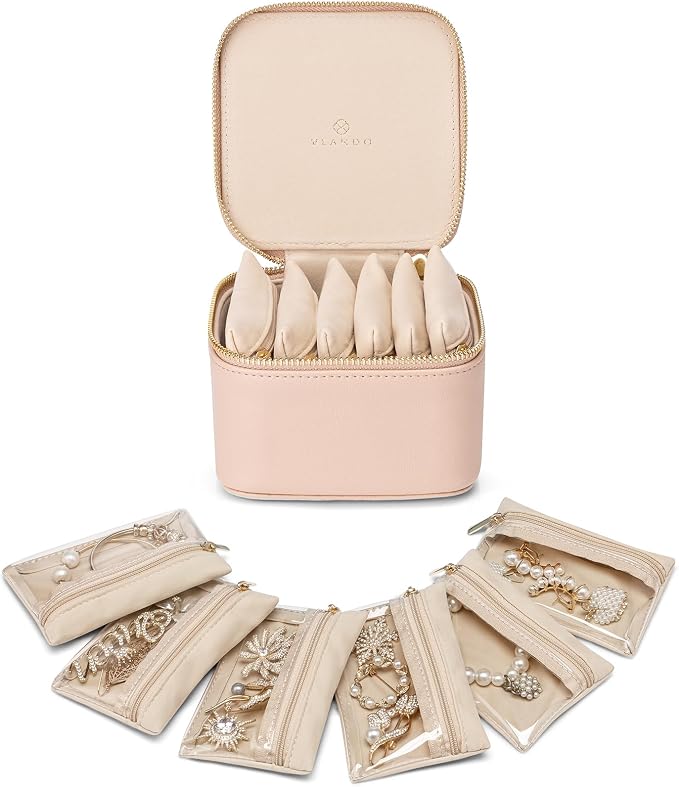 VLANDO Jewelry Travel Case,Travel Jewelry Organizer with Clear Velvet Jewelry Bags 6Pcs Zipper Pouch for Women Gift Ideas for Birthday Wedding Graduation-Khaki