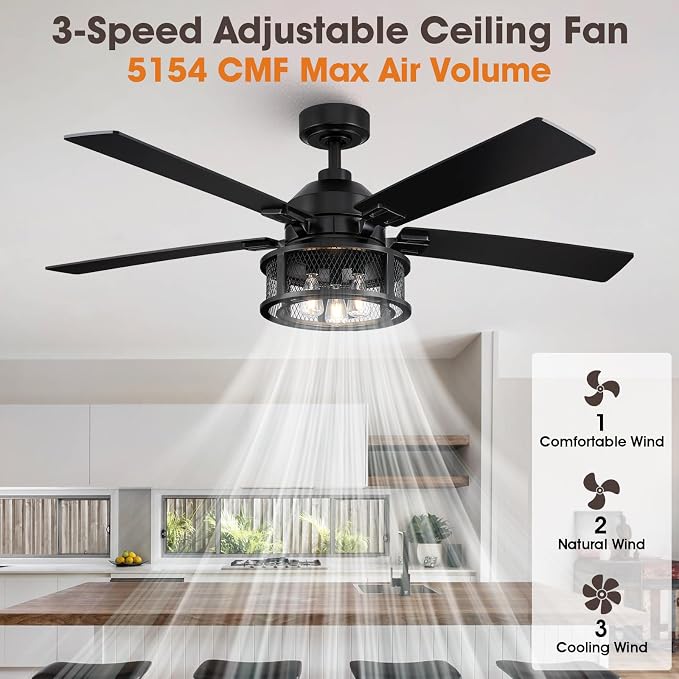 52 Inch Farmhouse Ceiling Fans with Lights and Remote, Outdoor Ceiling Fan with 5 Dual Finish Blades, Black Ceiling Fan with Reversible Quiet Motor for Bedroom, Living Room, Kitchen, Black