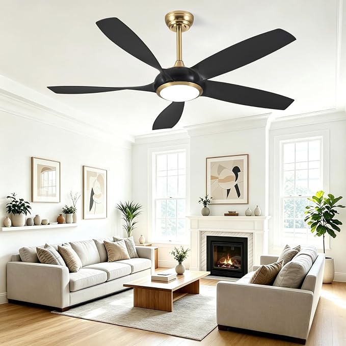 54'' Ceiling Fans with Lights, Indoor/Outdoor Modern Ceiling Fan with Remote, ABS Plastic Blades, Reversible DC Motor, 6 Speeds, 3 Color Lights, ETL Listed, for Bedroom Living Room (Black)