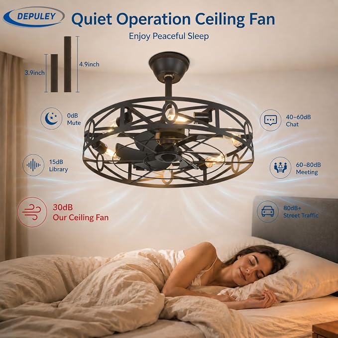 Depuley Caged Ceiling Fans with Light: 24-Inch Black Metal Enclosed Farmhouse Fandelier for Kitchen Bedroom - Industrial Semi Flush Mount Ceiling Fan with Remote 6 Speeds Reversible Motor Timer