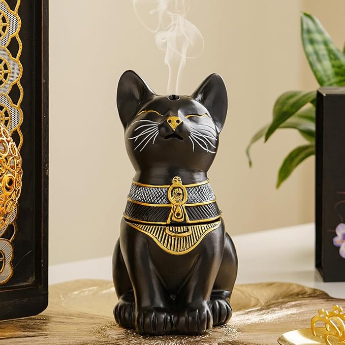 Egyptian Cat Statue Incense Burner, Vintage Resin Meditating Cat Incense Cone Holder, Home Office Aromatherapy Decor for Zen Yoga Spa (Black)