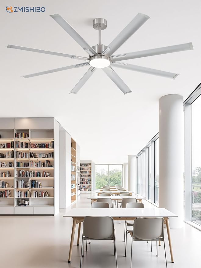 72" Industrial Ceiling Fans with Lights, Large Ceiling Fan with 3CCT, 8 Reverisble Aluminum Blades, Quiet DC Motor, 6-Speed Remote, Indoor/Outdoor Ceiling Fans for Patios/Garage/Porch, Nickel
