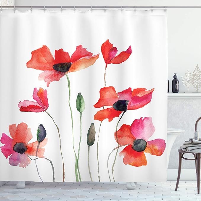 Ambesonne Watercolor Flower Shower Curtain, Poppies Wildflowers Nature Meadow Painting in Watercolor Effect Warm Artwork, Cloth Fabric Bathroom Decor Set with Hooks, 69" W x 84" L, Burnt Orange Green