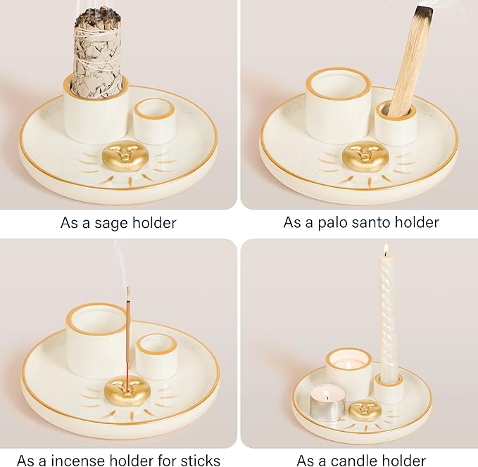ZenBless Multifunction Incense and Candle Holder for Burning Sage, Palo Santo, Incense Sticks - 5.9" Ceramic Ash Catcher Tray for Meditation Room Home Decor Spritual Gifts(Gold Sun)