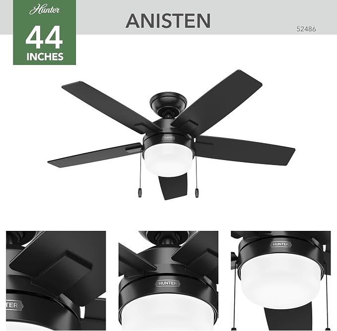 Hunter Anisten, Indoor, Ceiling Fan, with LED Light, 44 inch, Matte Black | Standard Mount, Pull Chain, 5 Blades, For Bedroom, Living Room, Includes Bulbs, 52486