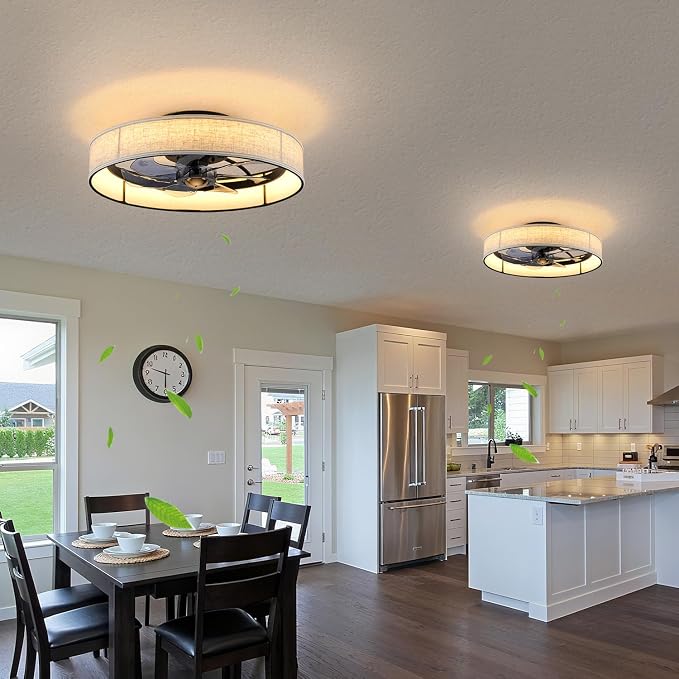 XUDOM19.6 Farmhouse Low Profile Flush Mount Ceiling Fan with Light and Remote,Fabric Bladeless Caged Fandelier with APP Control 6 Speed DC Motor,Timer,LED Dimmable for Bedroom,Living Room