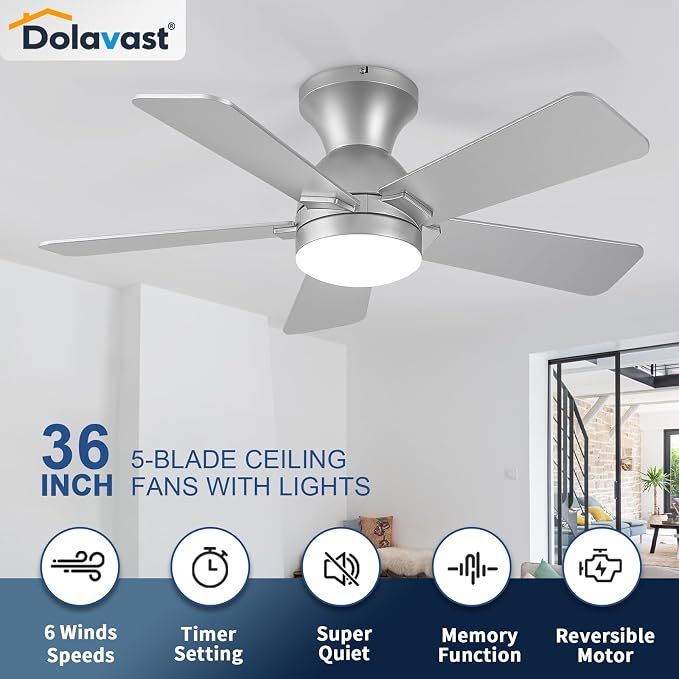 Ceiling Fans with Lights, 36 Inch Low Profile Ceiling Fan with Light and Remote Control, Flush Mount, Reversible, 3CCT, Dimmable LED, Quiet, Nickel Ceiling Fan for Bedroom, Kitchen,Office